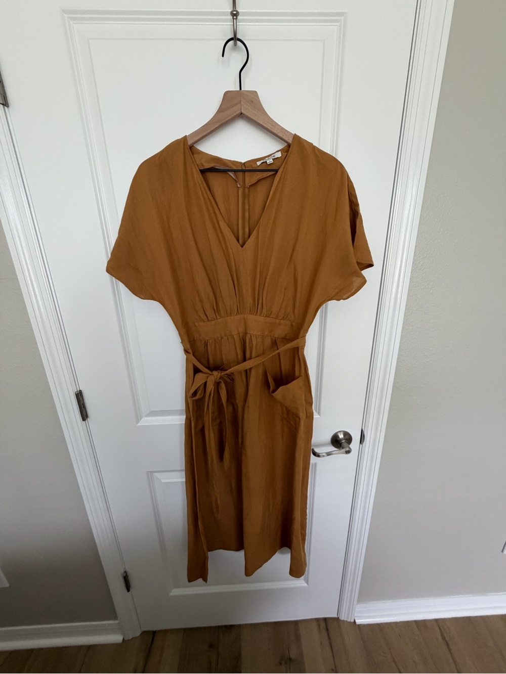 Madewell V-Neck Tie-Waist Midi Dress in Mustard Brown